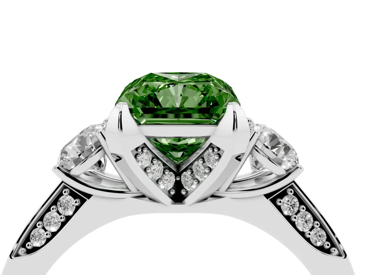 Fancy Green Radiant Cut Brilliant Three-Stone Diamond Ring with Pavé Band and Four-Prong Setting White gold