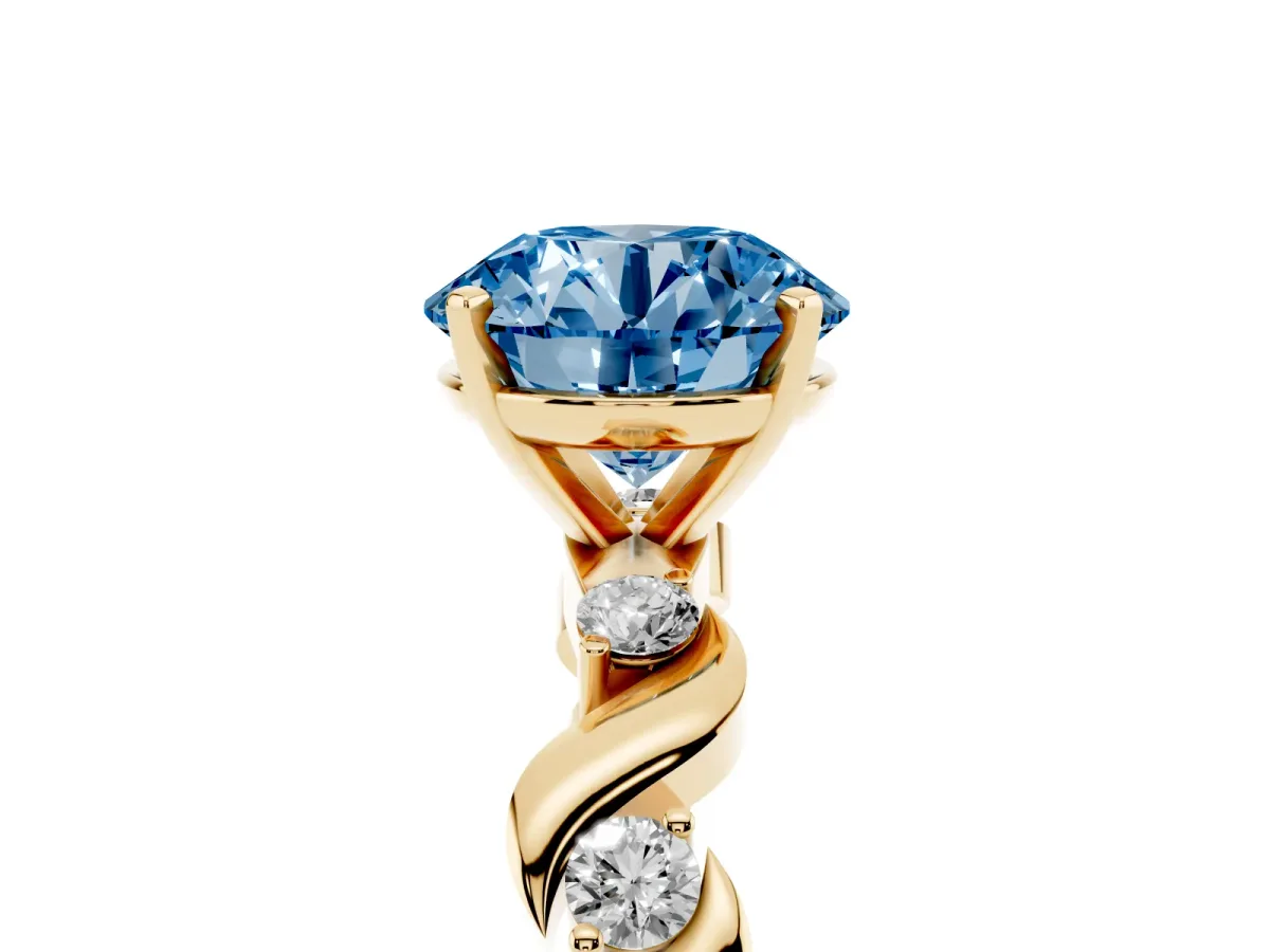 Fancy Blue Round Cut Diamond Solitaire Twisted Band with Round Accents and Prong Setting Yellow gold