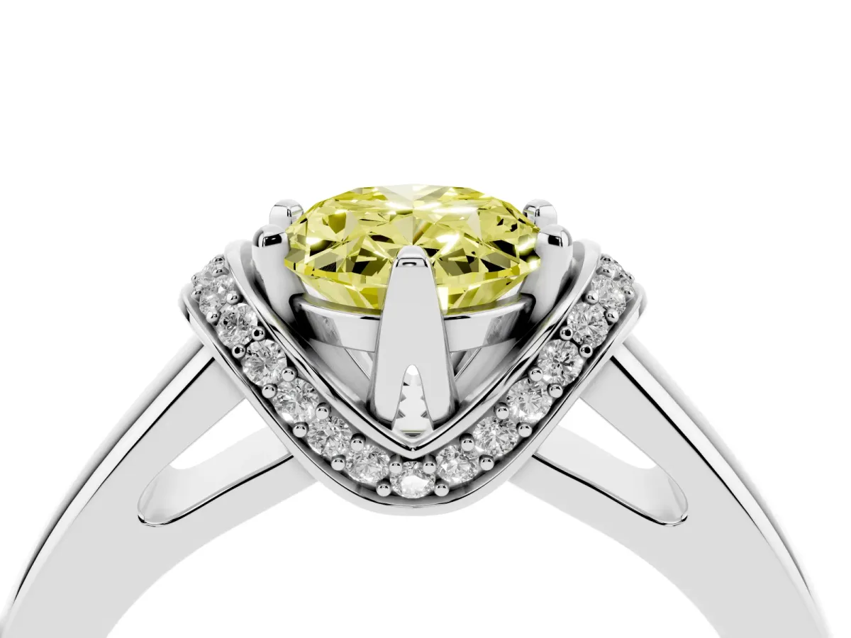 Fancy Yellow Oval Cut Solitaire Diamond Ring with Pave Band and Six-Prong Setting Silver