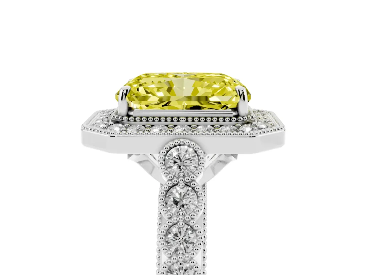 Fancy Yellow Radiant Cut Halo Milgrain Solitaire with Bezel Set Side Stones and Pave Band Platinum