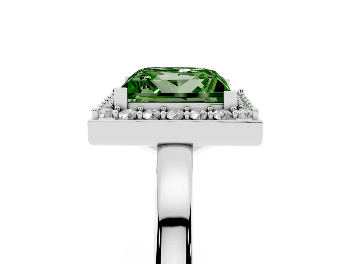Fancy Green Princess Cut Halo Diamond Ring with Solitaire Band and Prong Setting Silver