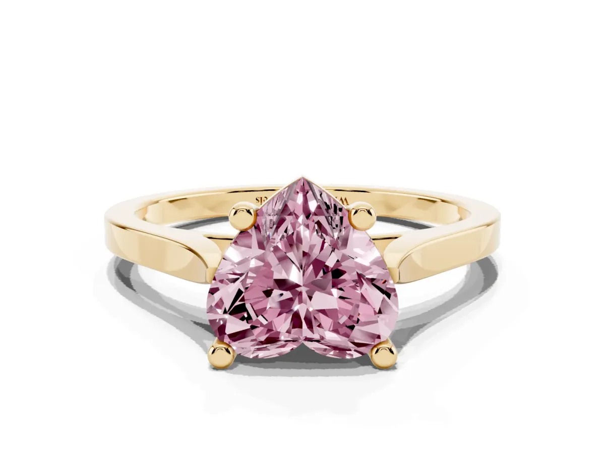 Fancy Pink Heart Cut Solitaire Diamond Ring with Four-Prong Setting and Tapered Band Yellow gold