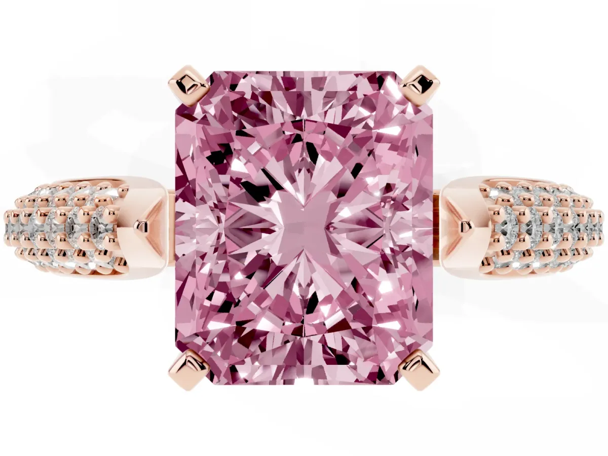 Fancy Pink Radiant Cut Diamond Solitaire Engagement Ring with Multi-Row Round Pavé Band and Prong Setting Rose gold