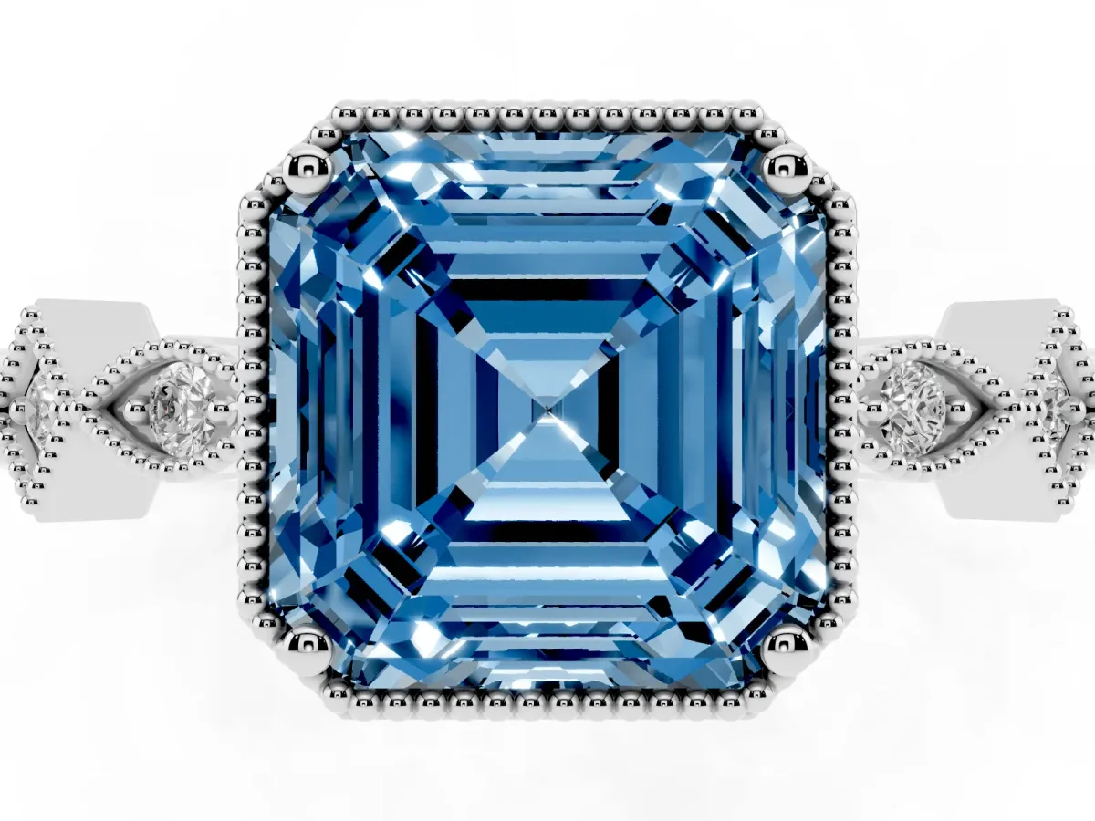 Fancy Blue Asscher Cut Milgrain Marquise Diamond Twist Band Ring Silver
