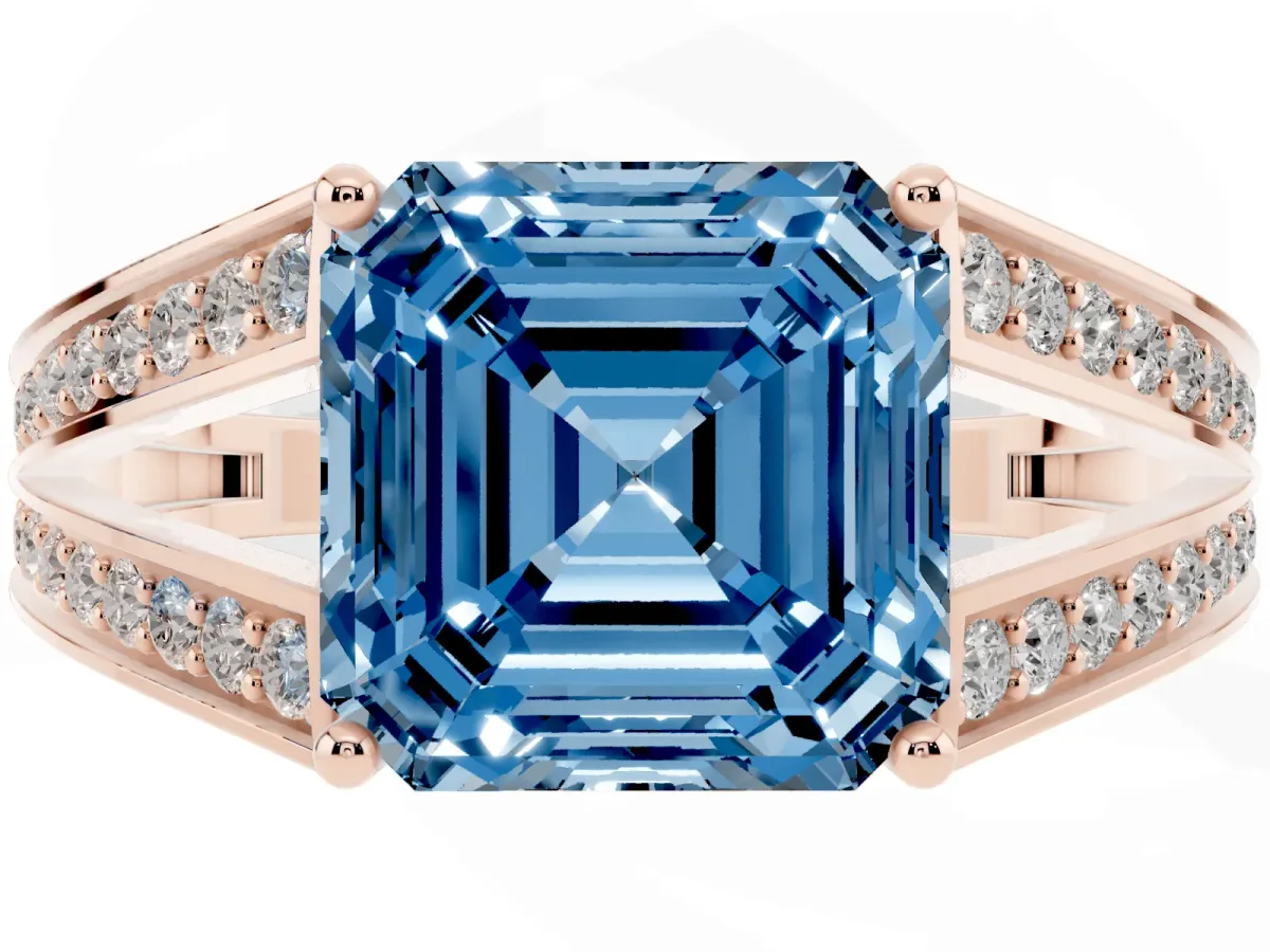 Fancy Blue Asscher Cut Diamond Split Shank Ring with Pavé Band and Four-Prong Setting Rose gold