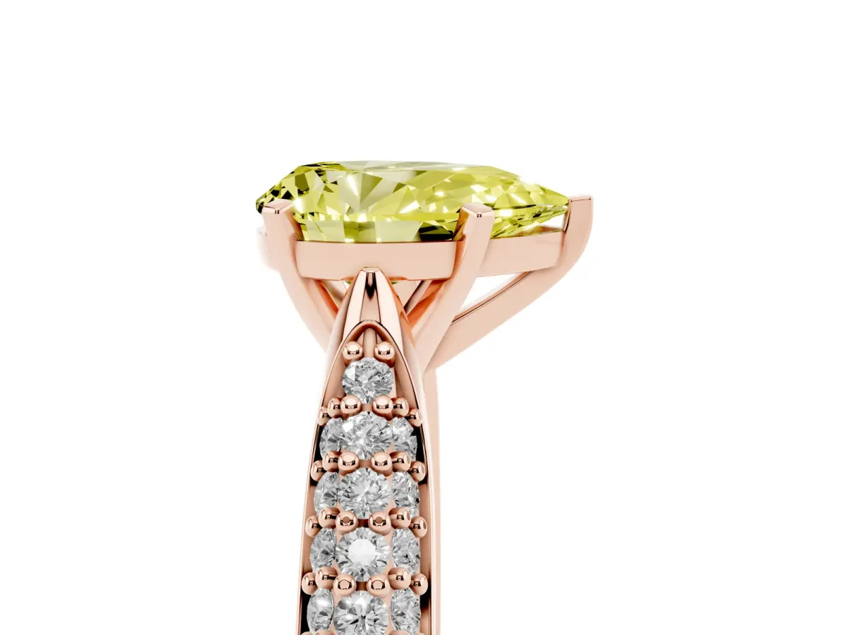 Fancy Yellow Pear Cut Diamond Solitaire Engagement Ring with Multi-Row Round Pavé Band and Prong Setting Rose gold