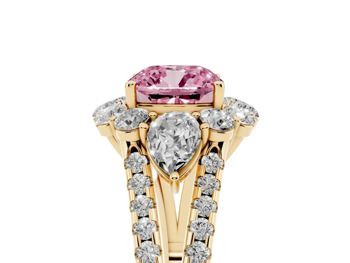 Fancy Pink Cushion Cut Halo Split Shank Diamond Engagement Ring with Prong Setting Yellow gold
