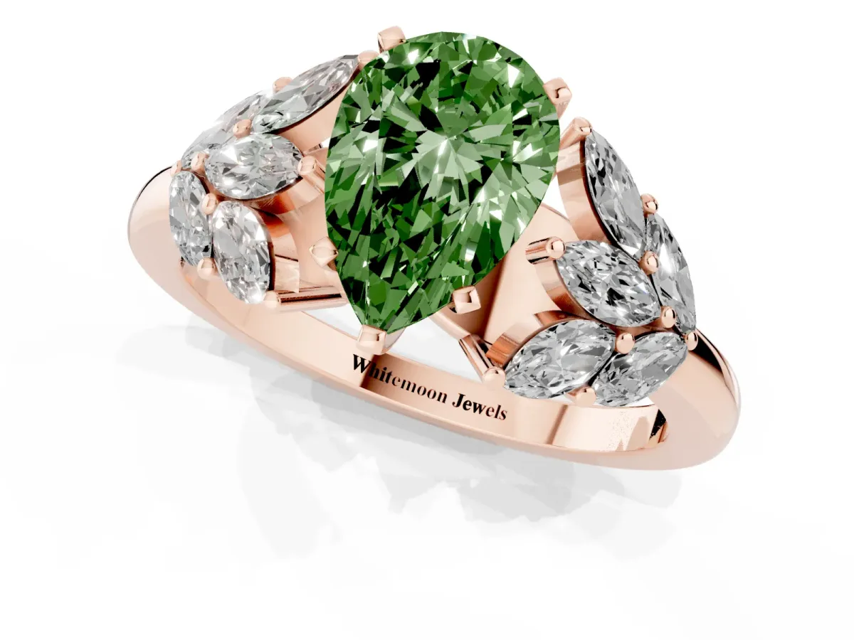 Fancy Green Pear Cut Diamond Cluster Leaf Design Ring with Prong Setting Rose gold