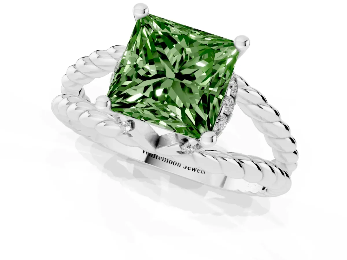 Fancy Green Princess Cut Halo Twisted Band Four-Prong Ring White gold