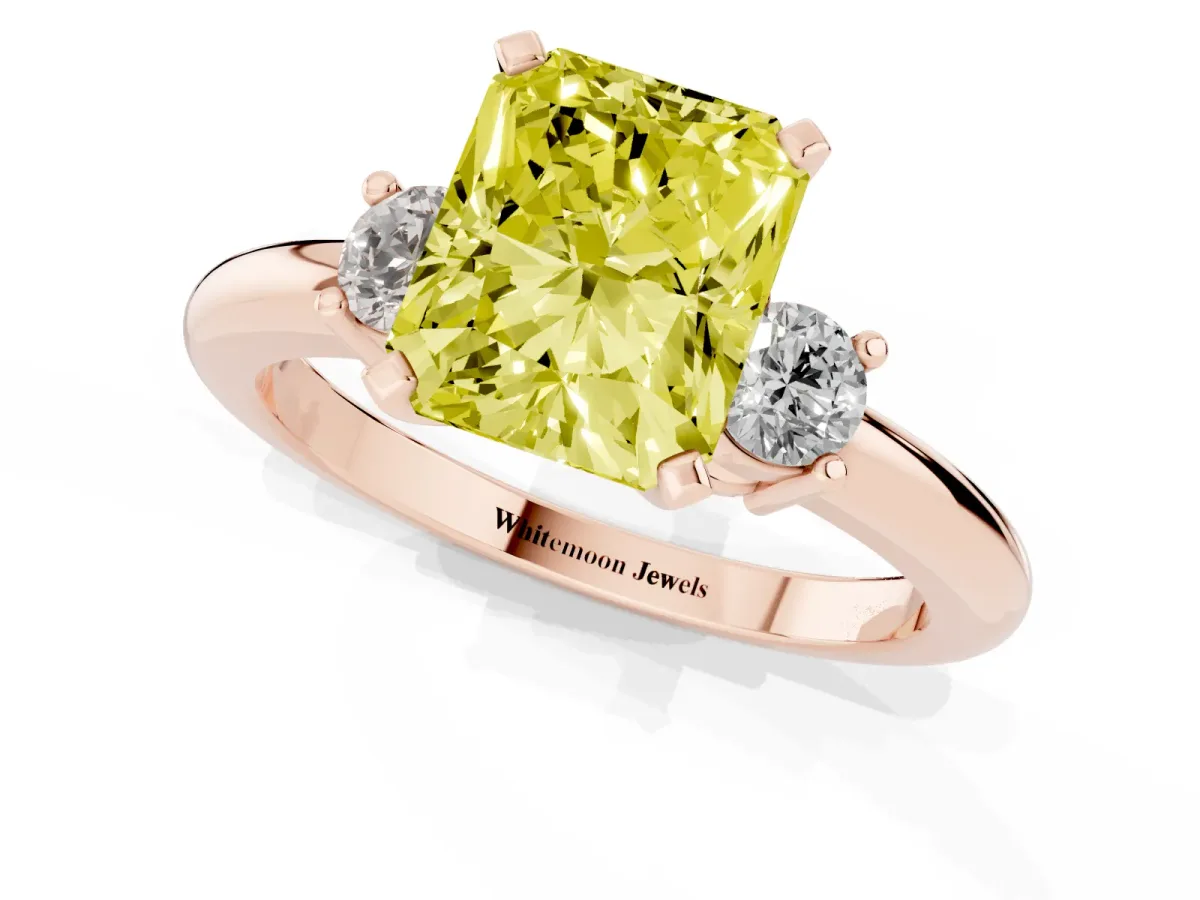 Fancy Yellow Three-Stone Radiant Cut Cut Diamond Solitaire with Prong Setting and Classic Band Rose gold