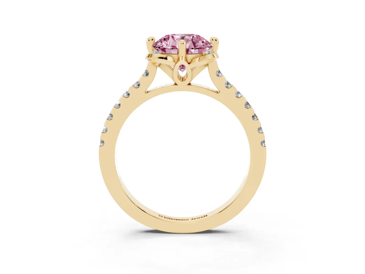 Fancy Pink Round Cut Diamond Ring with Pavé Band and Floral Prong Setting Yellow gold