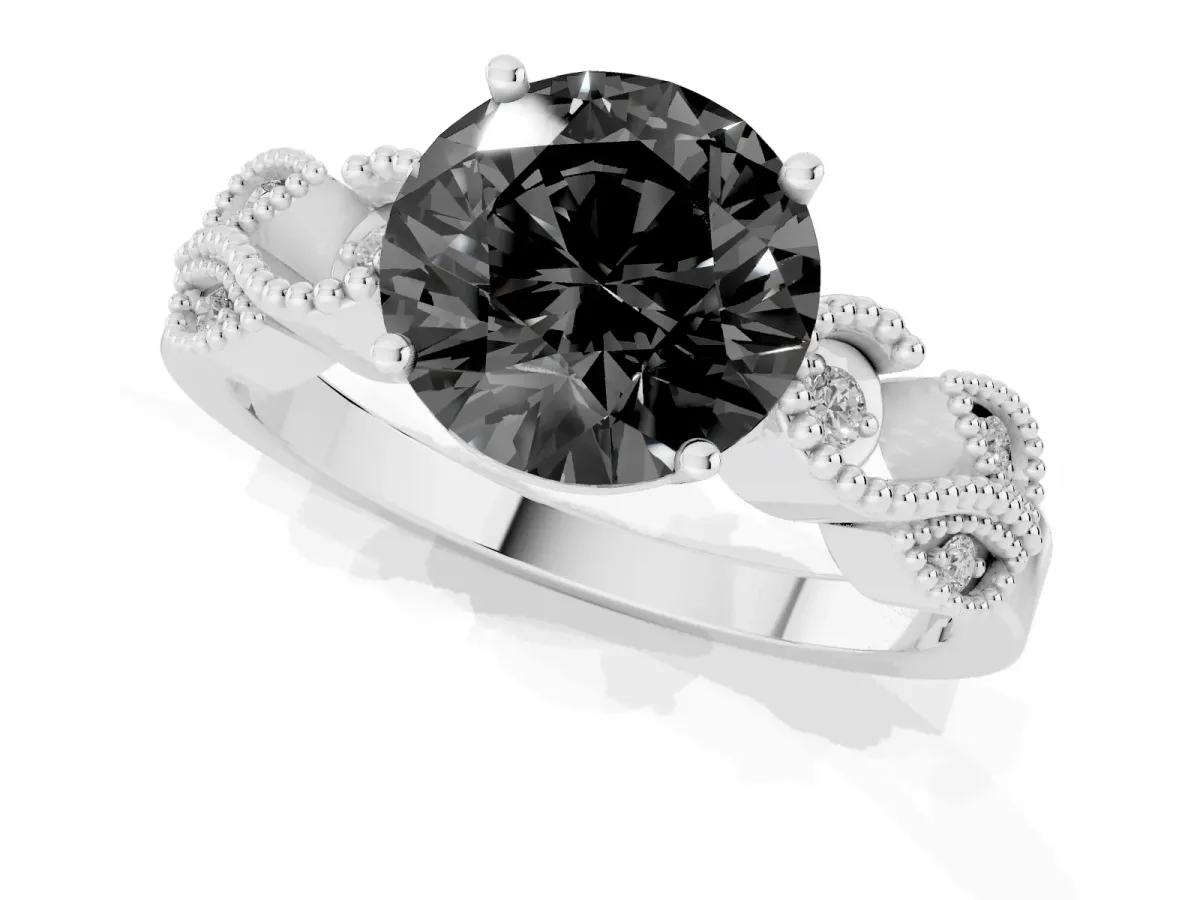 Fancy Black Round Cut Solitaire Milgrain Leaf Band with Prong Setting Silver