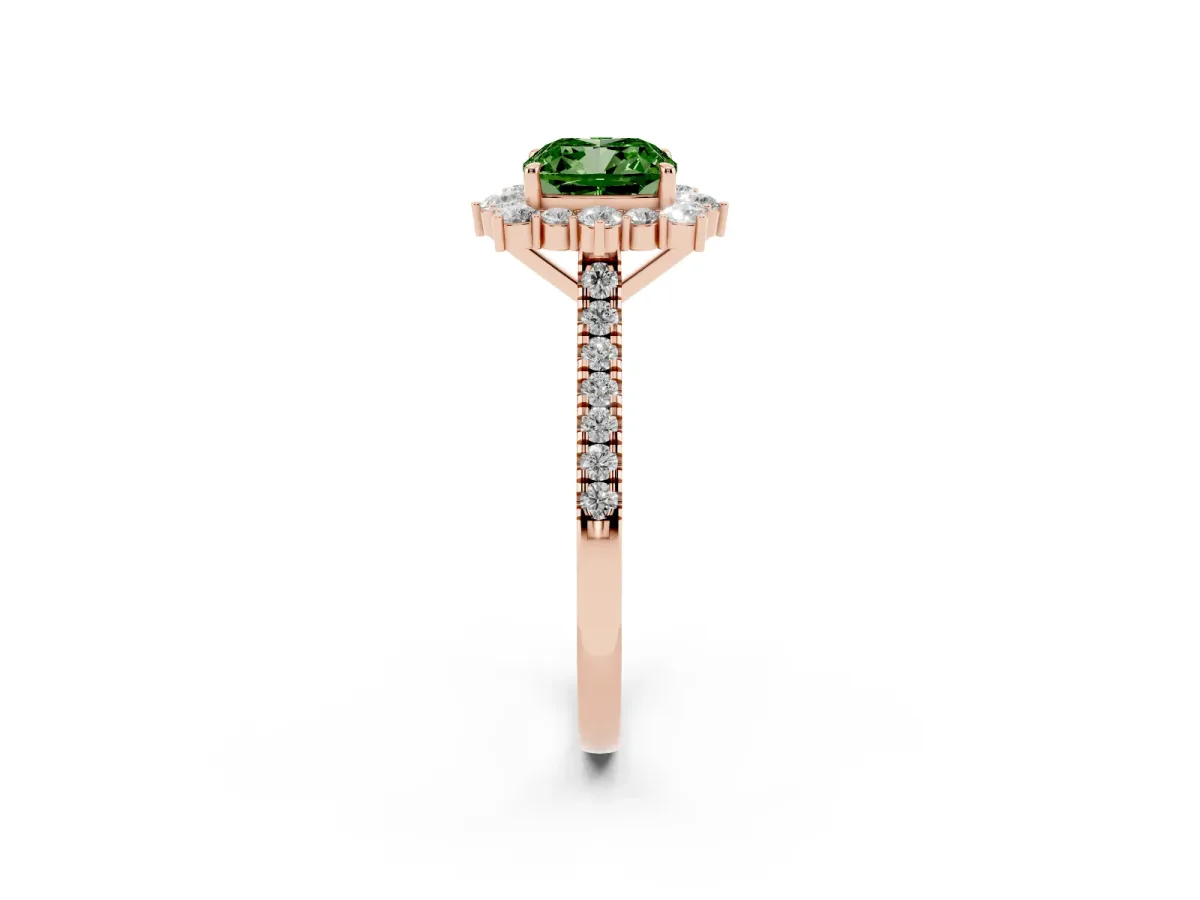 Fancy Green Cushion Cut Halo Diamond Ring with Pavé Band and Prong Setting Rose gold