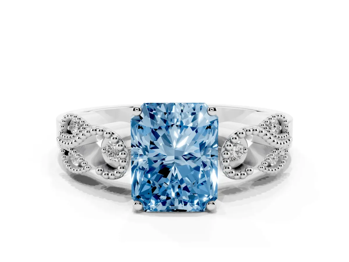 Fancy Blue Princess Cut Solitaire Milgrain Leaf Band with Prong Setting Silver