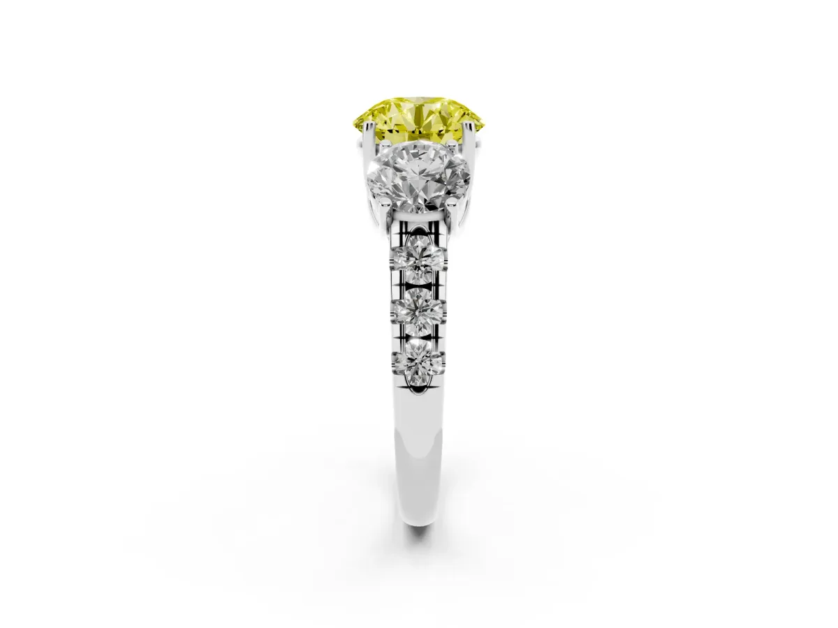 Fancy Yellow Three-Stone Round Cut Diamond Pavé Band with Prong Setting Silver