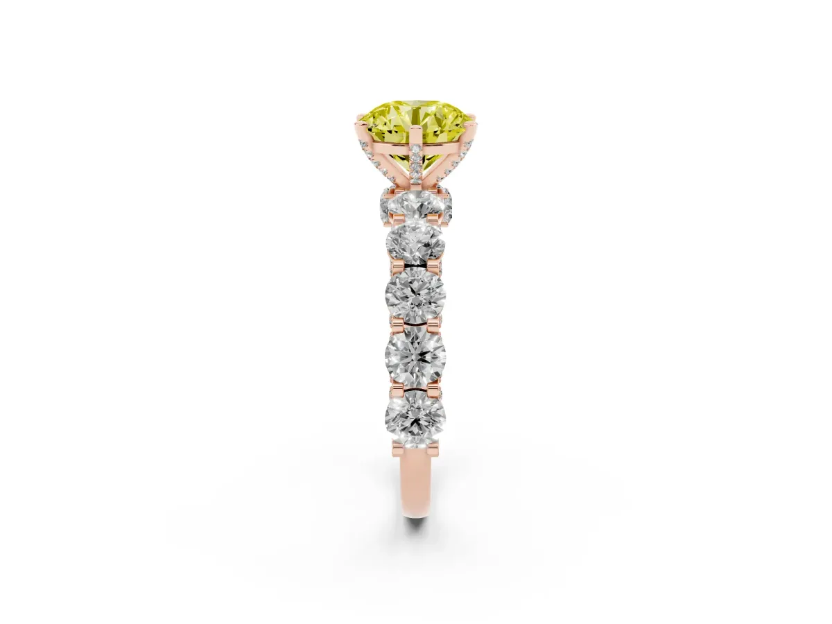 Fancy Yellow Round Cut Diamond Side Stone Engagement Ring with Four-Prong Setting Rose gold
