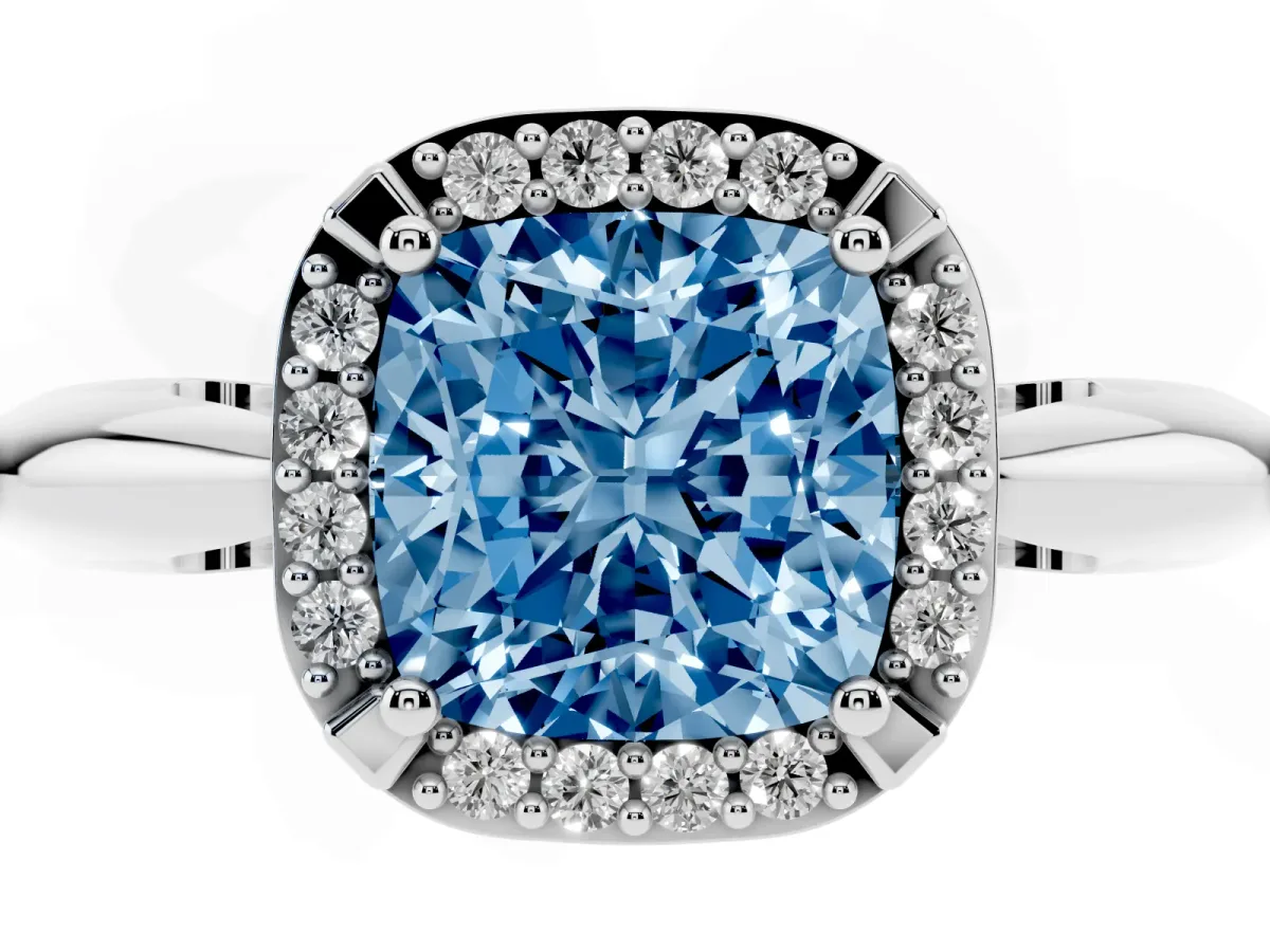 Fancy Blue Cushion Cut Cut Diamond Halo Engagement Ring with Split Shank and Four-Prong Setting Silver
