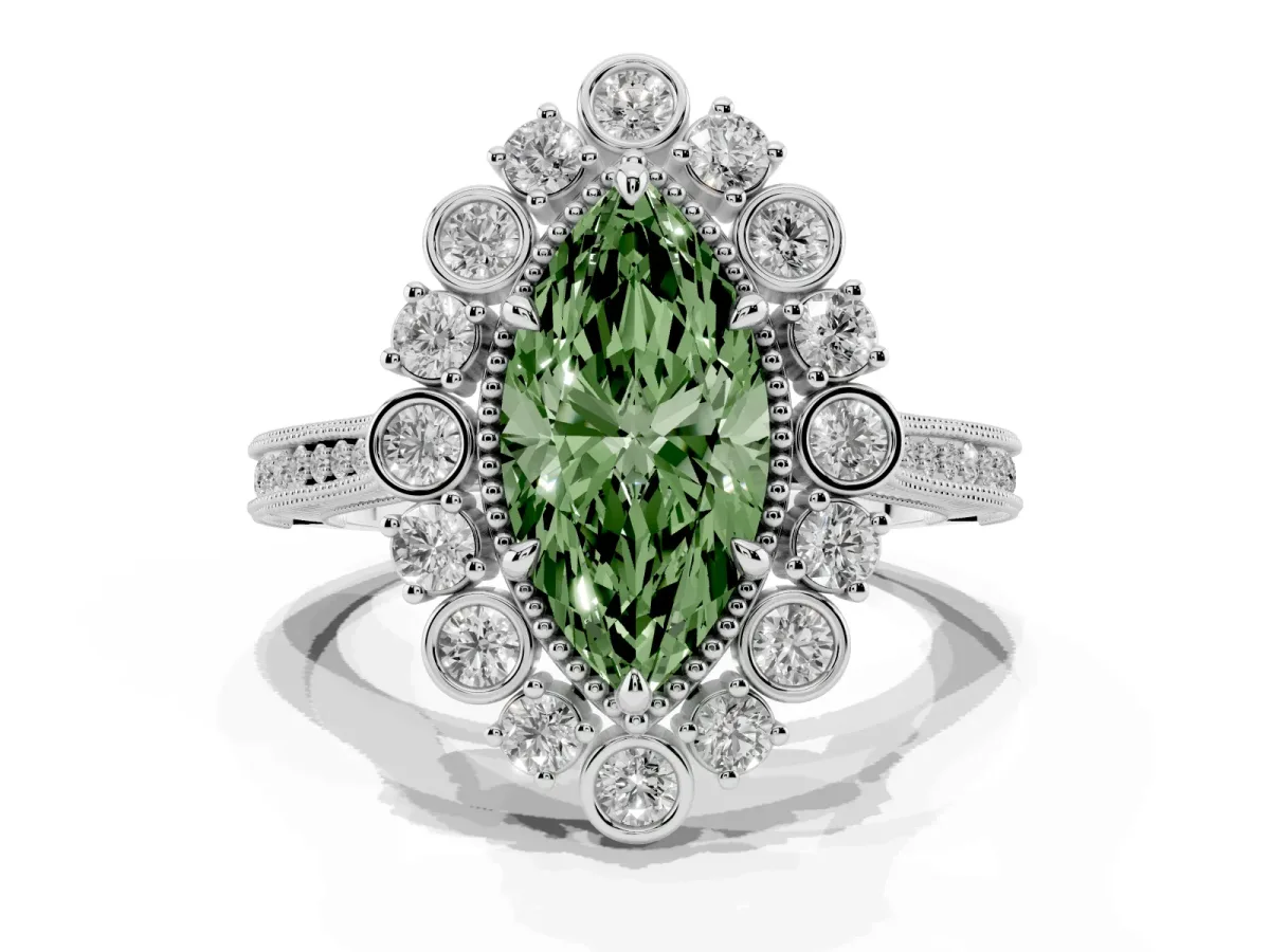 Fancy Green Marquise Cut Halo Milgrain Pave Diamond Ring with Four-Prong Setting White gold