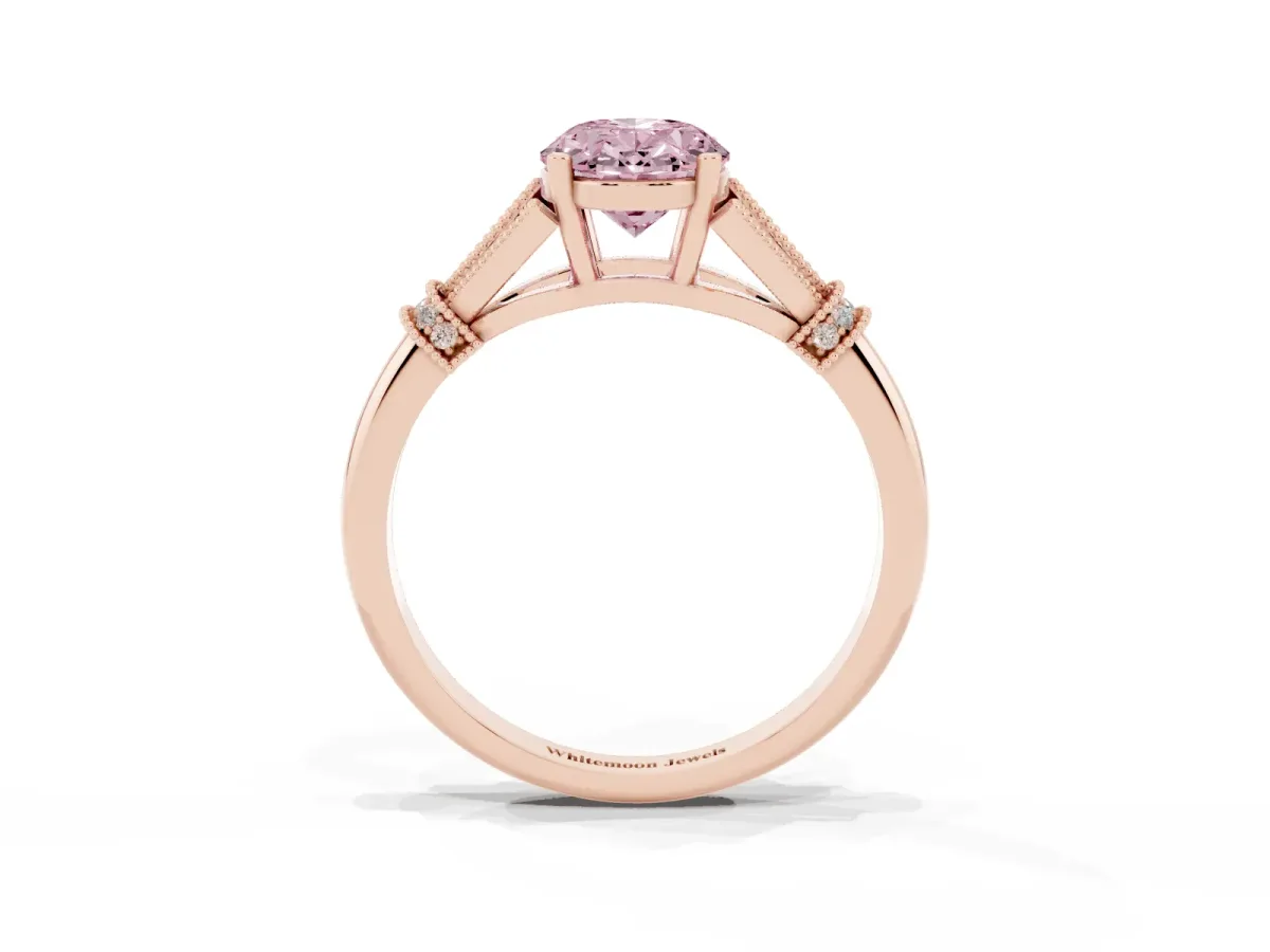 Fancy Pink Oval Cut Diamond Solitaire Ring with Floral Filigree and Pave Accents Rose gold