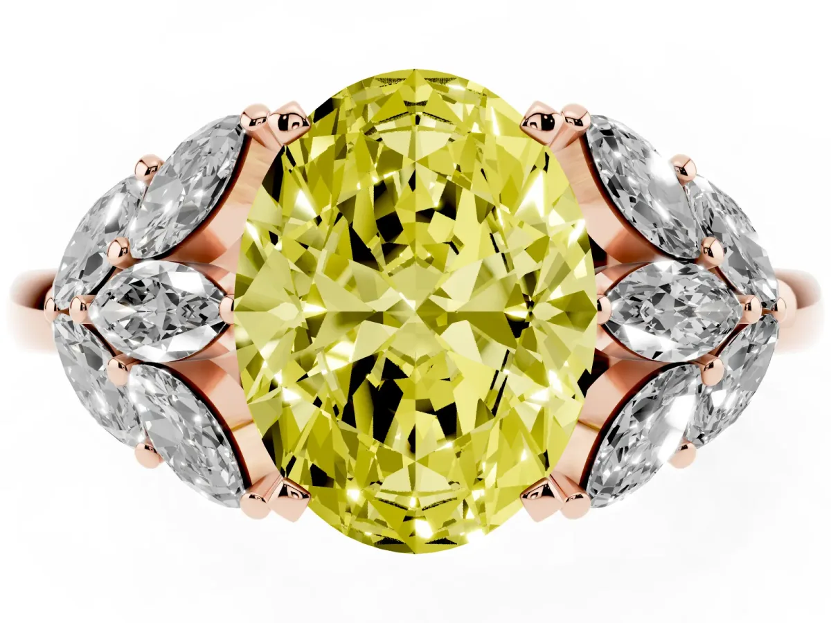 Fancy Yellow Oval Cut Diamond Cluster Leaf Design Ring with Prong Setting Rose gold