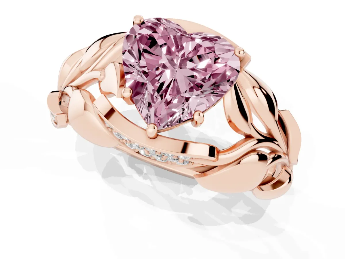 Fancy Pink Heart Cut Diamond Leaf-Inspired Engagement Ring with Round Accents and Prong Setting Rose gold