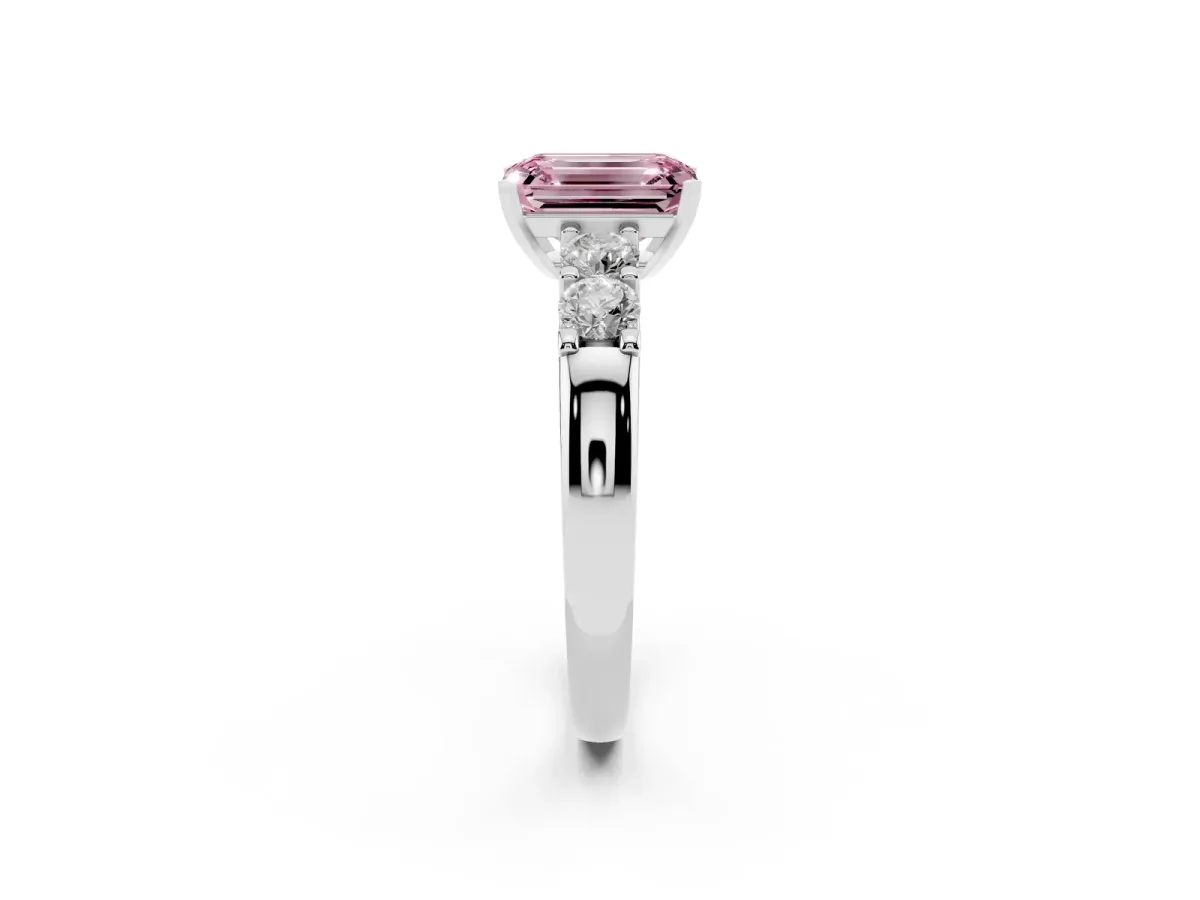 Fancy Pink Emerald Cut Brilliant Cut Diamond Five-Stone Prong Set Engagement Ring with Channel Band Platinum