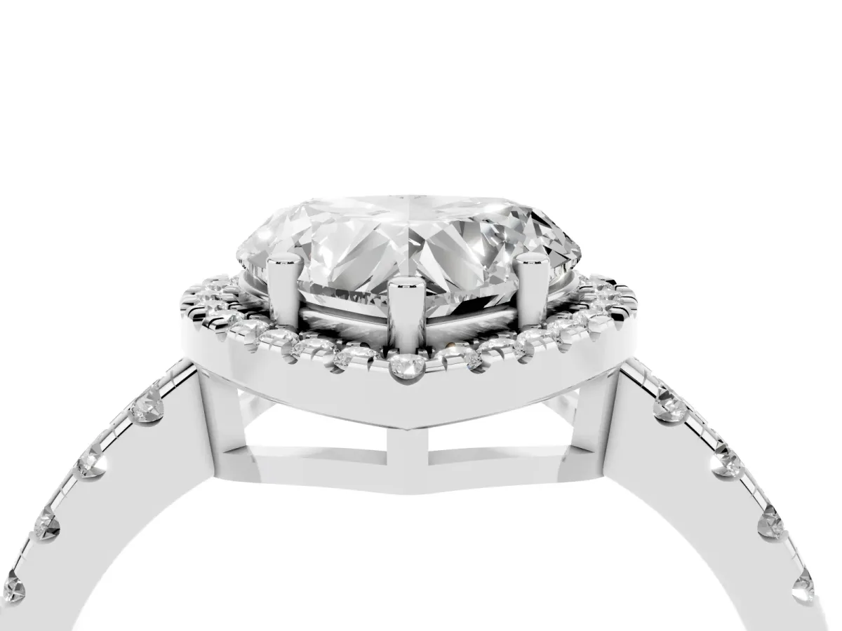 Heart Cut Diamond Halo Ring with Pavé Band and Four-Prong Setting White gold