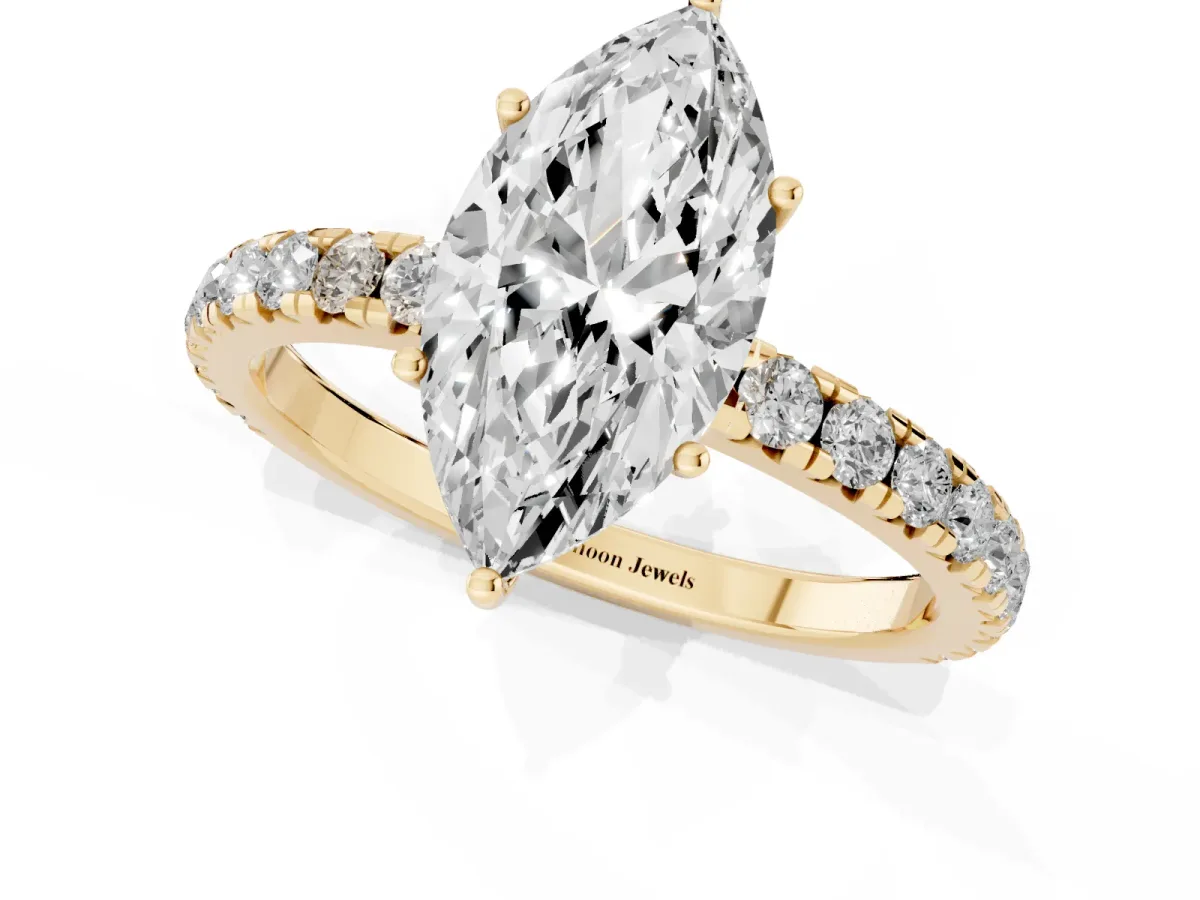 Marquise Cut Diamond Pavé Solitaire Engagement Ring with Four-Prong Setting Yellow gold