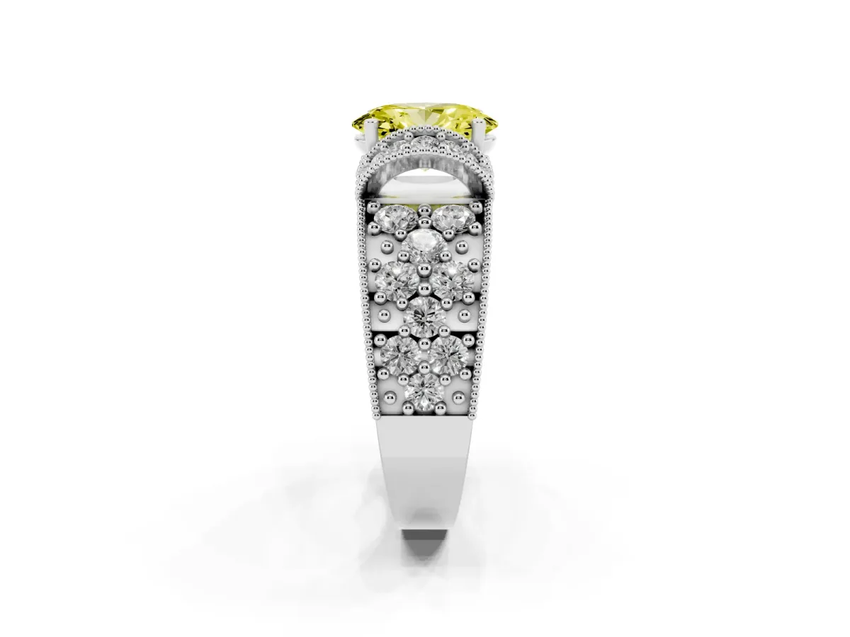 Fancy Yellow Oval Cut Halo Pave Diamond Engagement Ring with Milgrain Detailing Silver