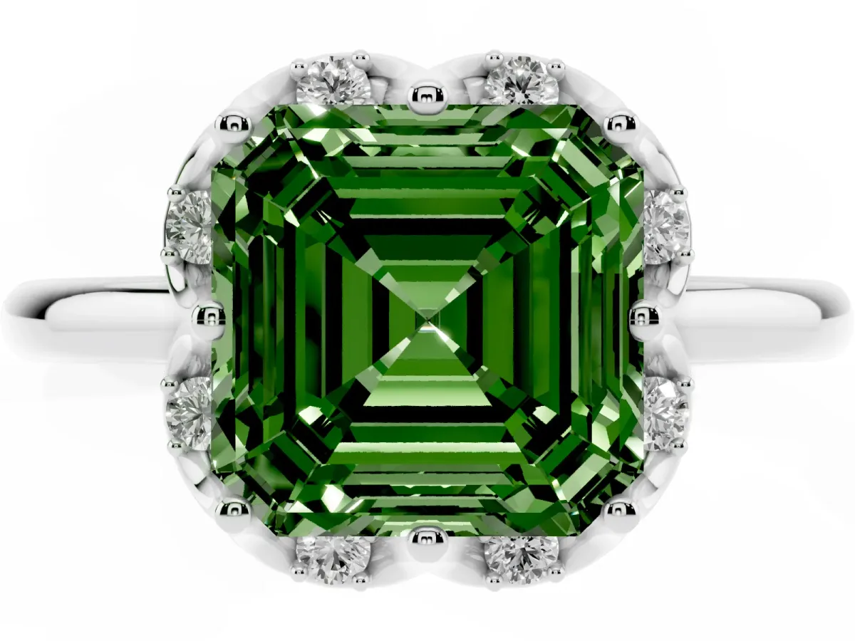 Fancy Green Asscher Cut Halo Diamond Ring with Round Cluster Setting, Solitaire Band, and Four-Prong Setting Platinum