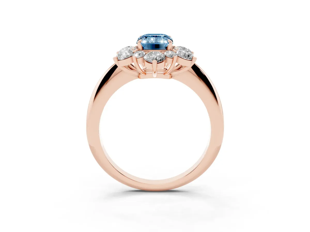 Fancy Blue Emerald Cut Diamond Cluster Halo Ring with Solitaire Band and Four-Prong Setting Rose gold
