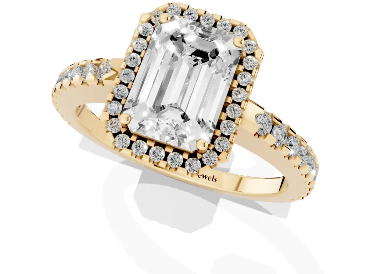 Emerald Cut Diamond Halo Engagement Ring with Pavé Band and Prong Setting Yellow gold