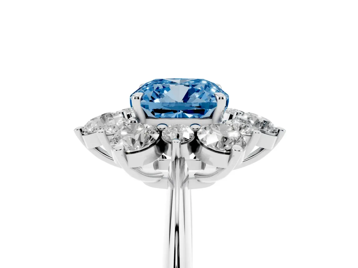 Fancy Blue Cushion Cut Diamond Cluster Halo Ring with Solitaire Band and Four-Prong Setting Silver