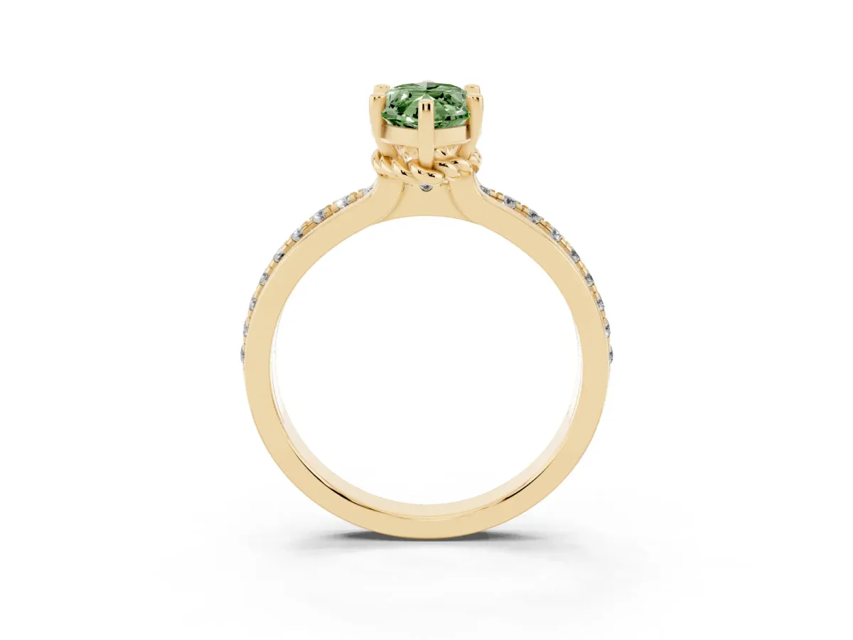 Fancy Green Marquise Cut Solitaire Diamond Ring with Channel Set Band and Six-Prong Setting Yellow gold