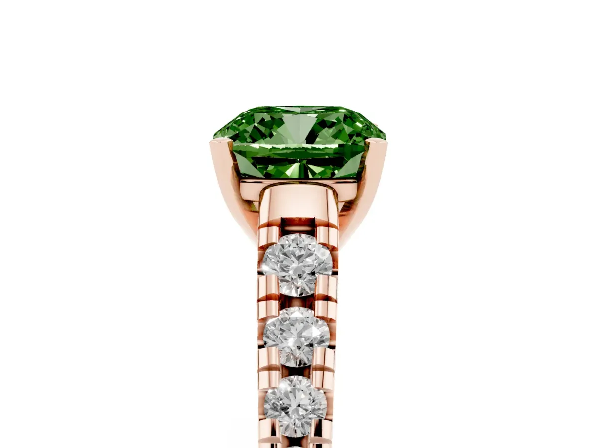 Fancy Green Cushion Cut Diamond Cathedral Solitaire Ring with Round Pavé Band Rose gold