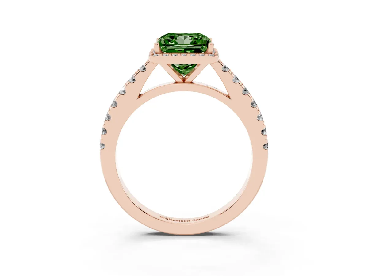 Fancy Green Princess Cut Cut Halo Diamond Engagement Ring with Pave Band and Four-Prong Setting Rose gold