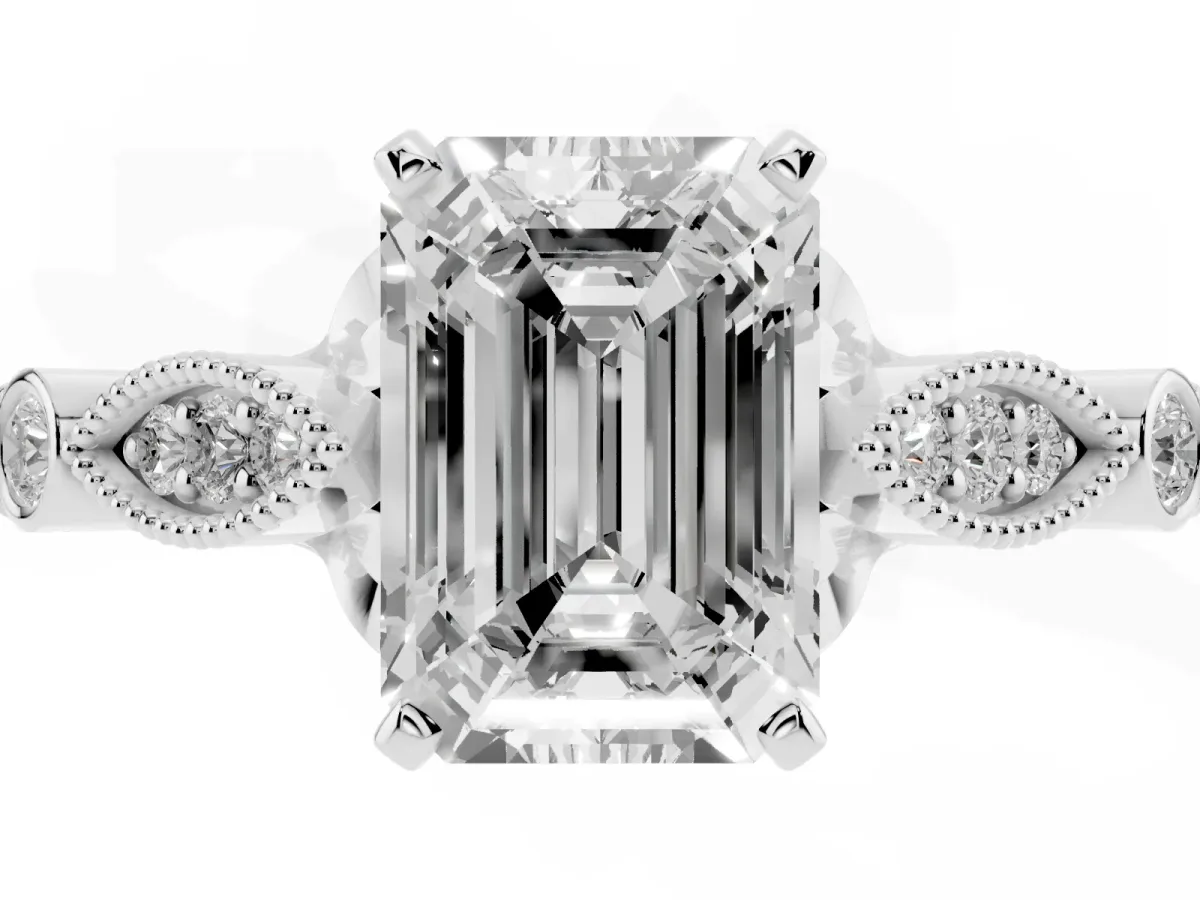 Emerald Cut Cut Diamond with Milgrain Marquise and Bezel Accents on a Solitaire Band with Prong Setting Silver