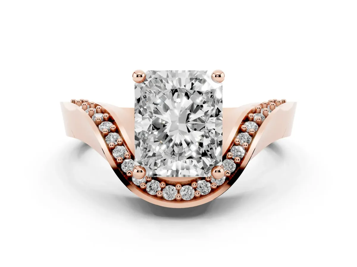 Radiant Cut Solitaire Diamond Engagement Ring with Pave Band and Four-Prong Setting Rose gold