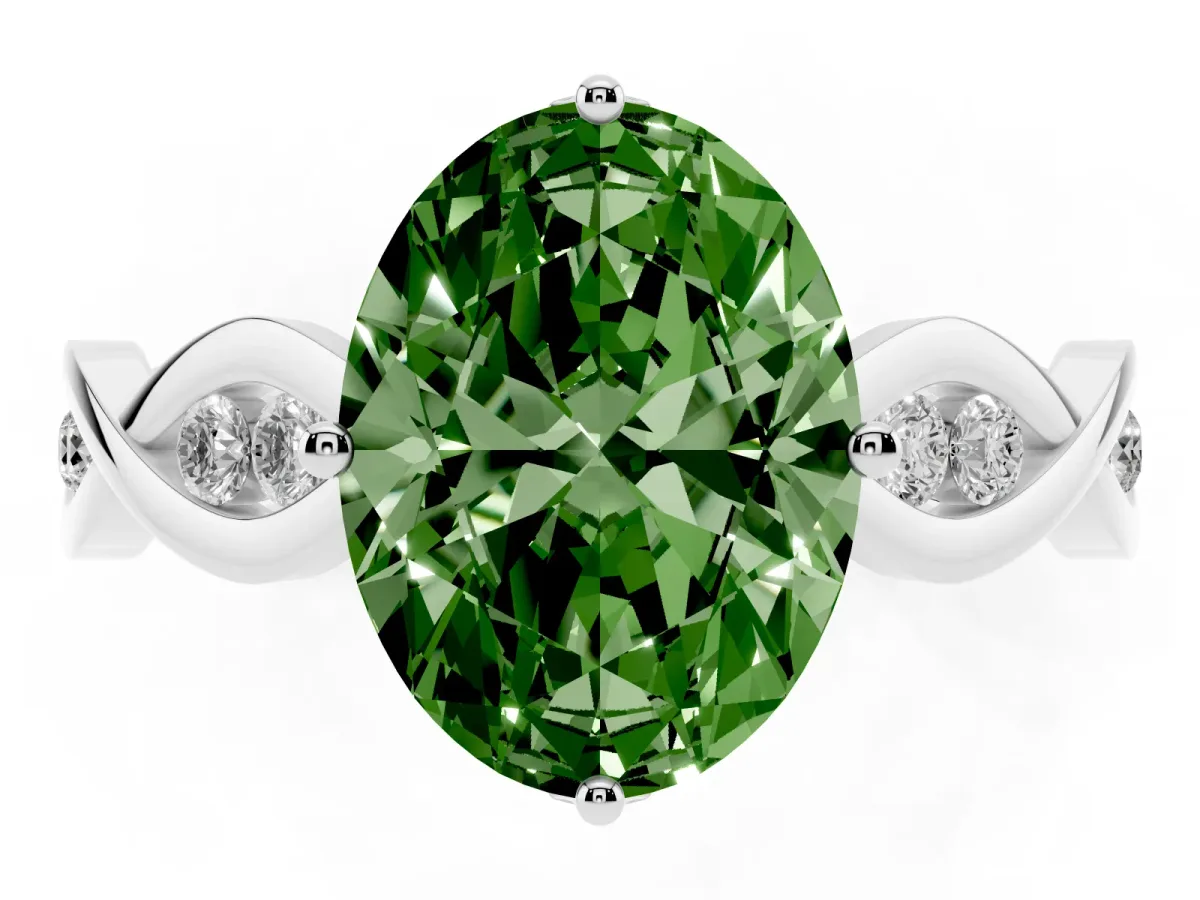 Fancy Green Oval Cut Solitaire Twist Band with Leaf Prong Setting Platinum