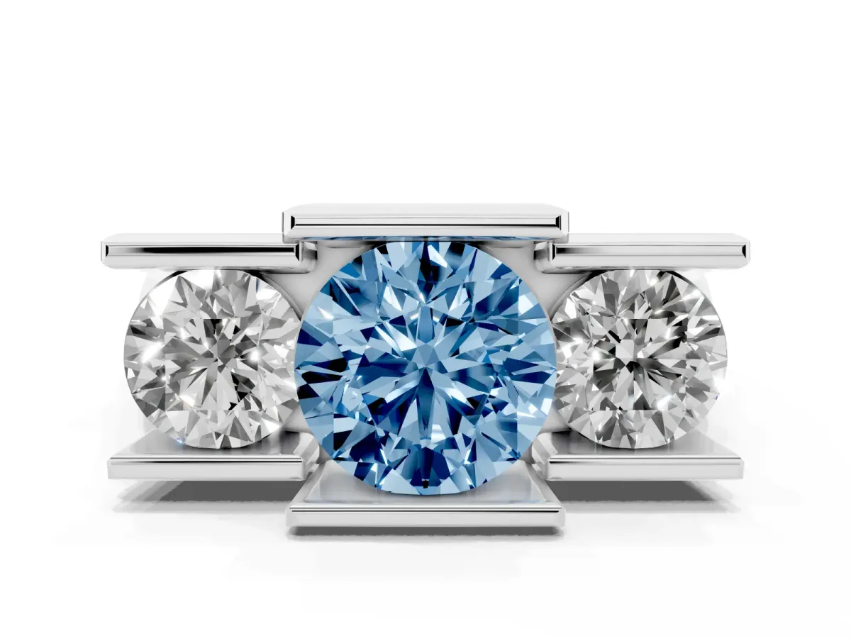 Fancy Blue Three Stone Round Cut Cut Channel Set Diamond Ring Platinum
