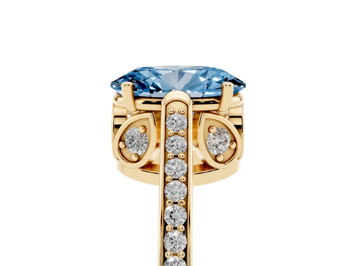 Fancy Blue Oval Cut Cut Cathedral Pave Diamond Engagement Ring with Six-Prong Setting Yellow gold