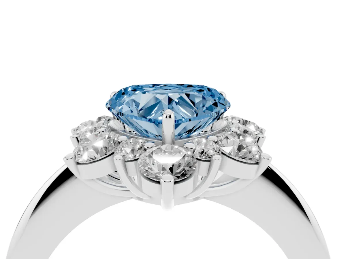 Fancy Blue Heart Cut Diamond Cluster Halo Ring with Solitaire Band and Four-Prong Setting White gold