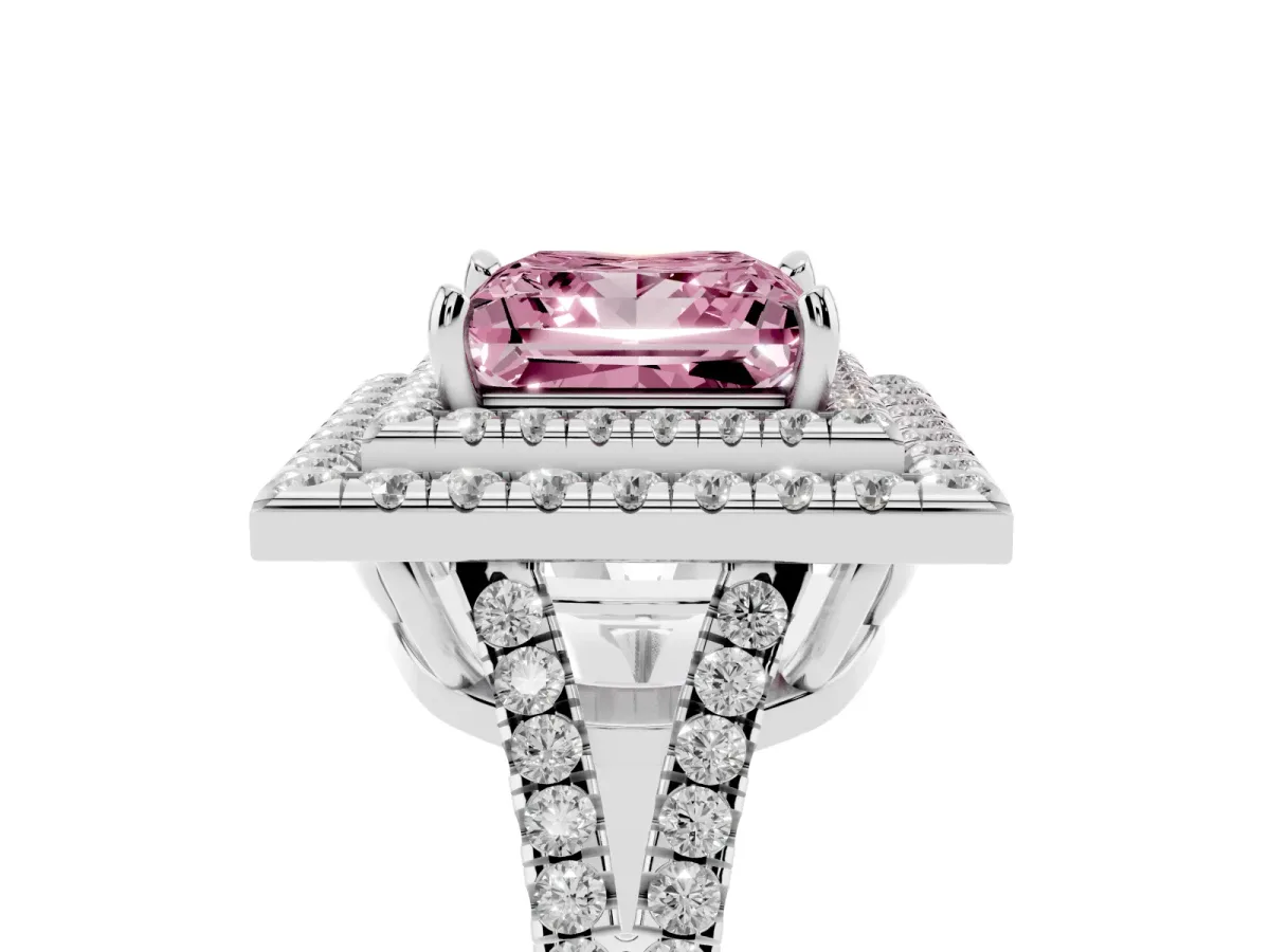 Fancy Pink Princess Cut Diamond Double Halo Ring with Pavé Band and Prong Setting Silver
