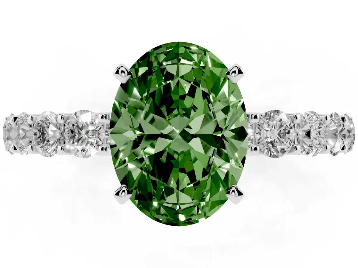 Fancy Green Oval Cut Diamond Solitaire Ring with Shared Prong Pavé Band and Four-Prong Setting Silver