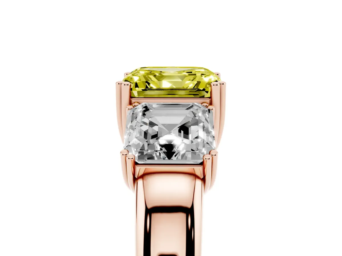 Fancy Yellow Three-Stone Asscher Cut Cut Diamond Ring with Channel Set Band and Four-Prong Setting Rose gold