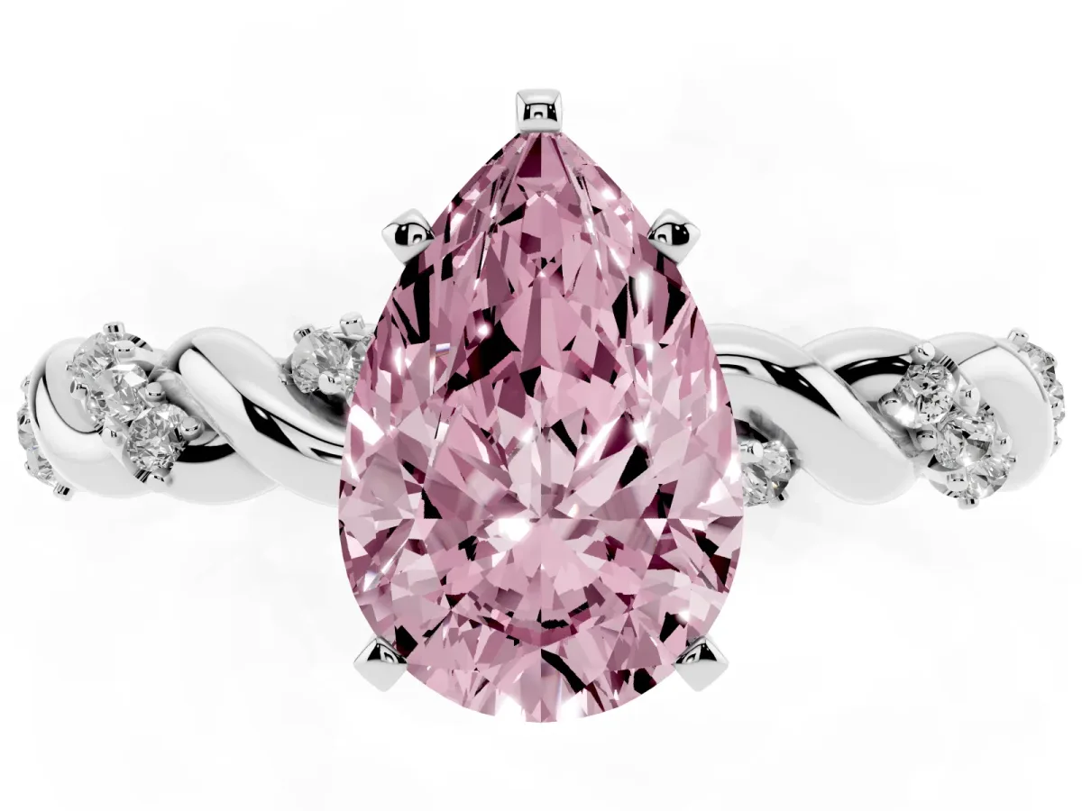 Fancy Pink Pear Cut Diamond Solitaire Ring with Twisted Band and Pavé Accents Platinum