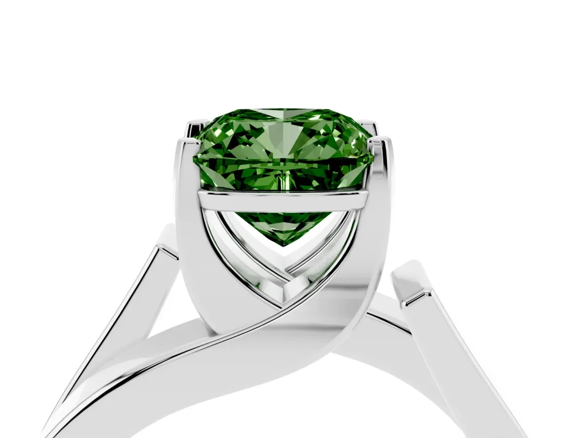 Fancy Green Modern Tension Set Cushion Cut Diamond Solitaire Wide Band Ring Silver
