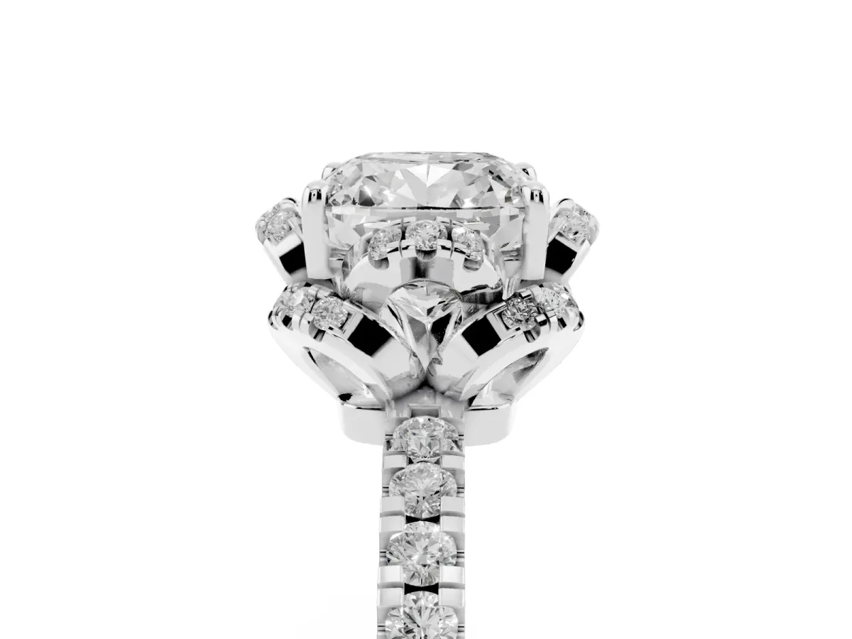 Cushion Cut Halo Diamond Pave Band Ring with Four-Prong Setting Silver