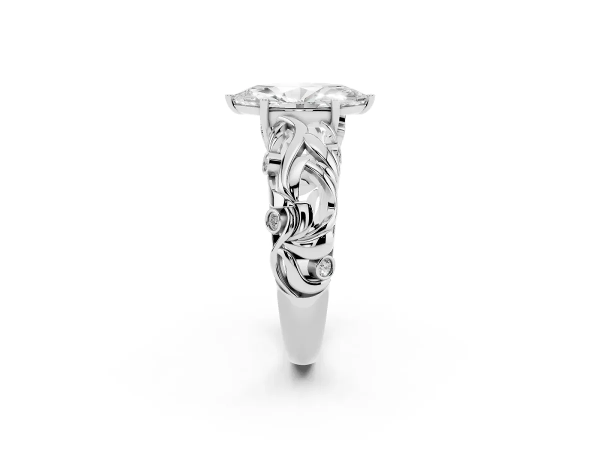Marquise Cut Solitaire Diamond Leaf-Inspired Vine Band Ring with Prong Setting Silver