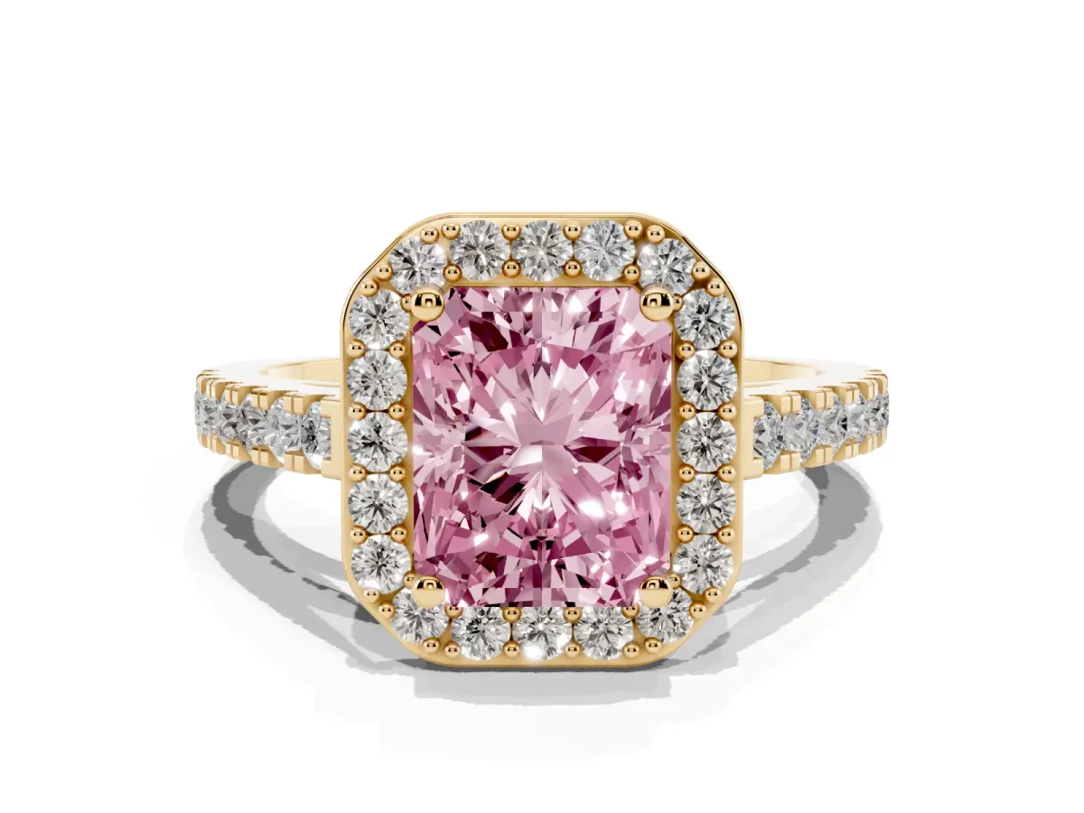 Fancy Pink Radiant Cut Diamond Halo Ring with Round Pavé Split Shank and Prong Setting Yellow gold